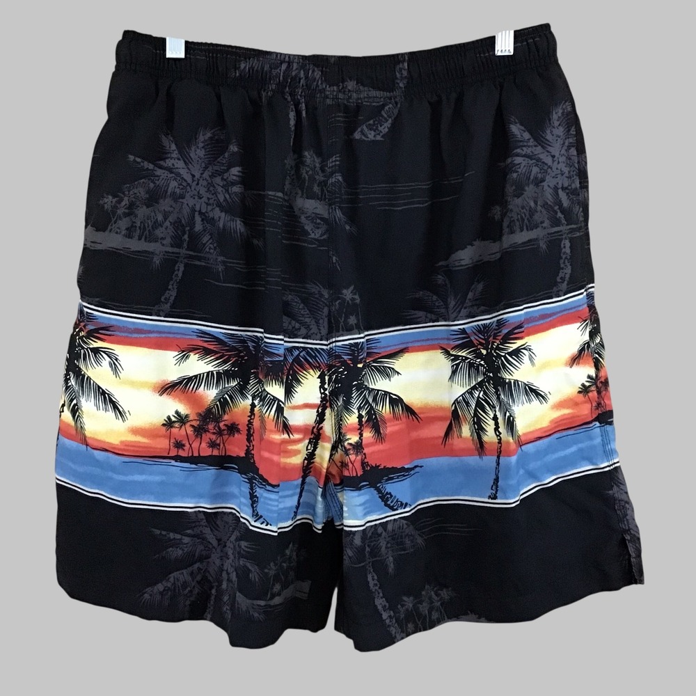 Bungalow Brand Mens XL Tropical Sunset Palm Tree Swim Trunks Black Mesh Lined